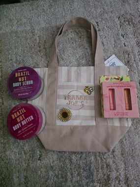 Trader Joe's Upcycle Mini Tote & Seasonal Body Butter, Lip Balm Set